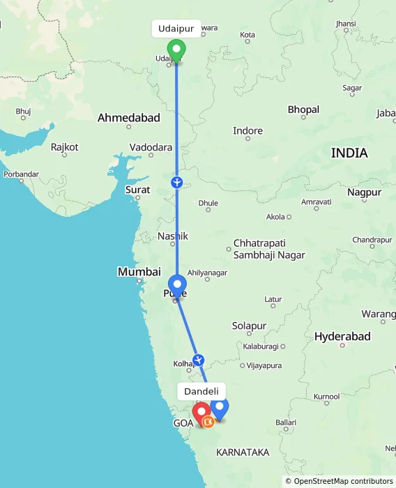 Route map showing distance and travel time from Udaipur, India to Dandeli, India