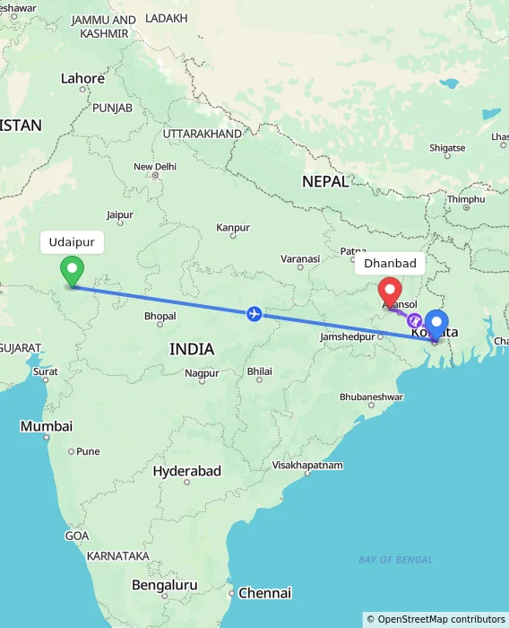 Route map showing distance and travel time from Udaipur, India to Dhanbad, India