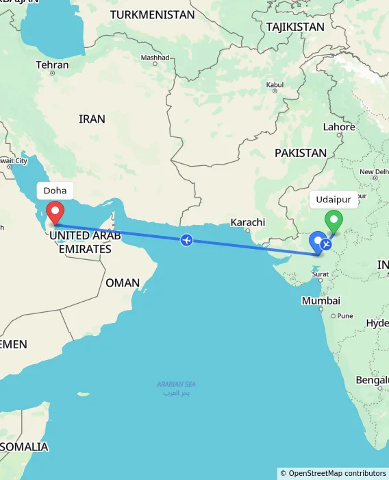 Route map showing distance and travel time from Udaipur, India to Doha, Qatar