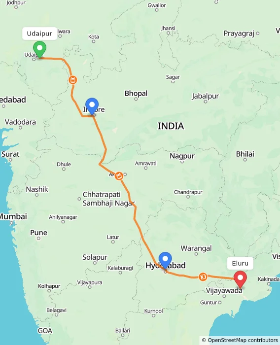 Route map showing distance and travel time from Udaipur, India to Eluru, India