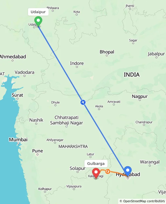 Route map showing distance and travel time from Udaipur, India to Gulbarga, India