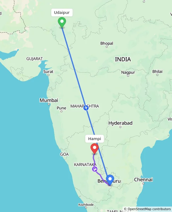 Route map showing distance and travel time from Udaipur, India to Hampi, India