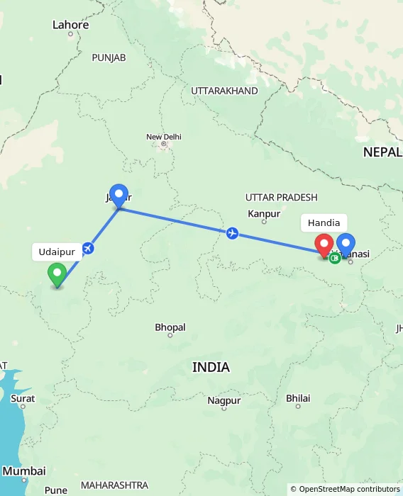 Route map showing distance and travel time from Udaipur, India to Handia, India