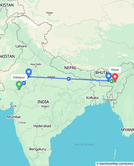 Route map showing distance and travel time from Udaipur, India to Hojai, India