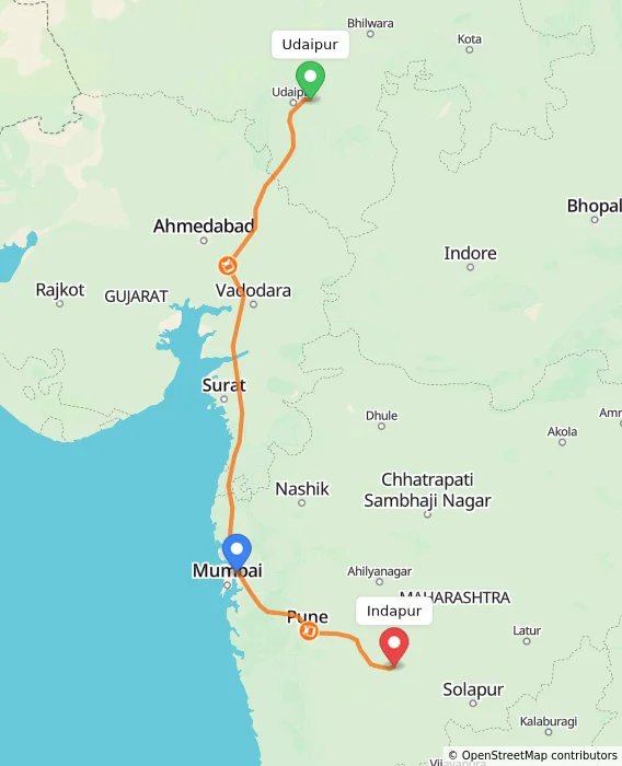 Route map showing distance and travel time from Udaipur, India to Indapur, India