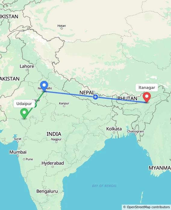 Route map showing distance and travel time from Udaipur, India to Itanagar, India