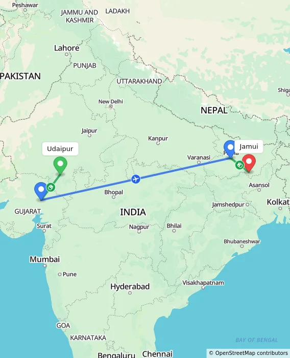 Route map showing distance and travel time from Udaipur, India to Jamui, India