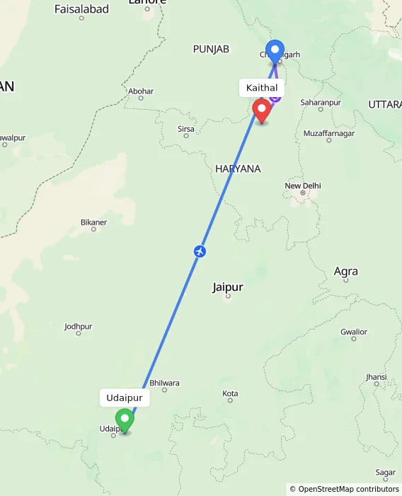 Route map showing distance and travel time from Udaipur, India to Kaithal, India