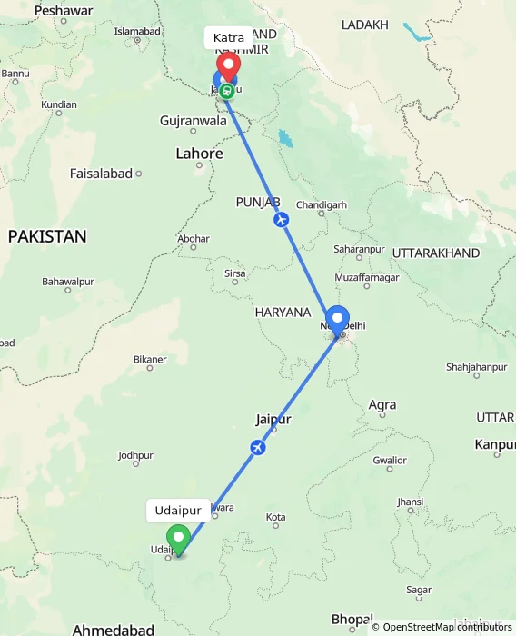 Route map showing distance and travel time from Udaipur, India to Katra, India
