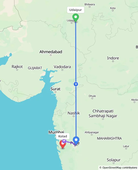 Route map showing distance and travel time from Udaipur, India to Kolad, India