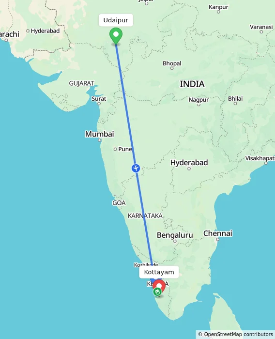 Route map showing distance and travel time from Udaipur, India to Kottayam, India