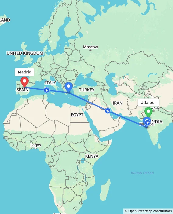 Route map showing distance and travel time from Udaipur, India to Madrid, Spain