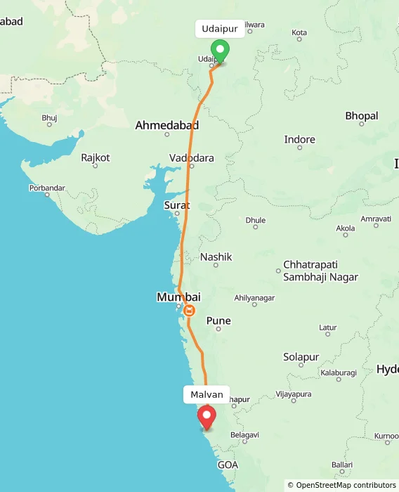 Route map showing distance and travel time from Udaipur, India to Malvan, India