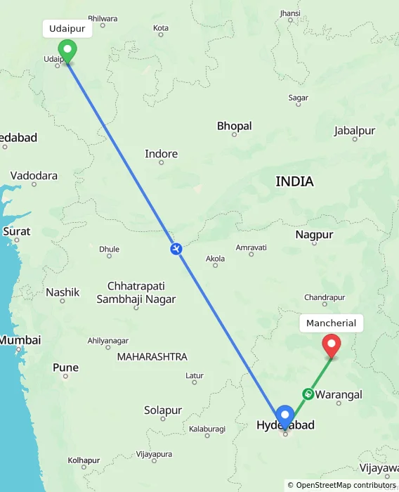 Route map showing distance and travel time from Udaipur, India to Mancherial, India