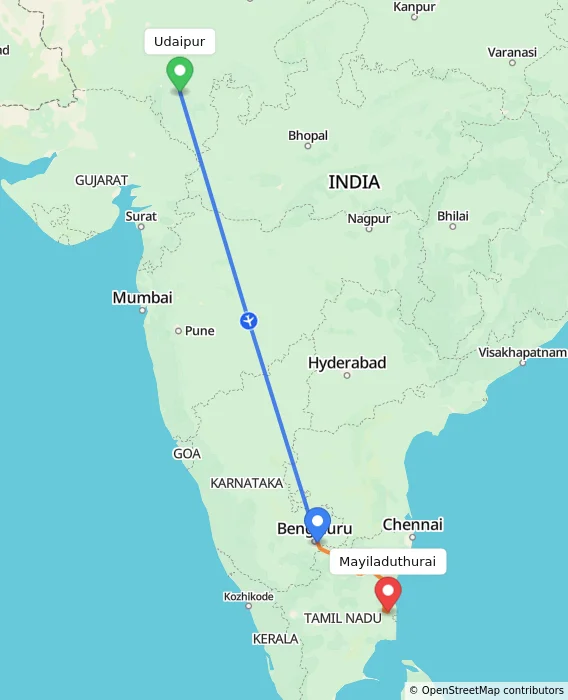 Route map showing distance and travel time from Udaipur, India to Mayiladuthurai, India