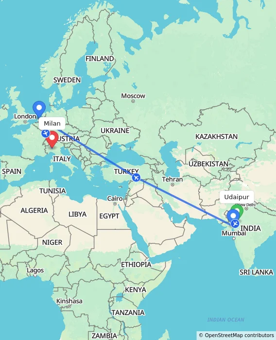 Route map showing distance and travel time from Udaipur, India to Milan, Italy