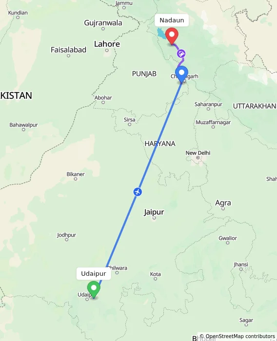 Route map showing distance and travel time from Udaipur, India to Nadaun, India
