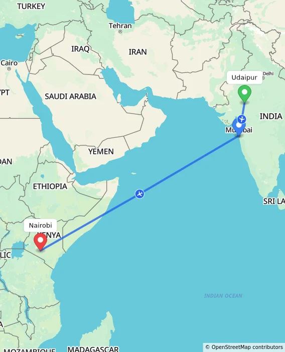 Route map showing distance and travel time from Udaipur, India to Nairobi, Kenya