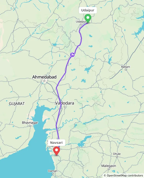 Route map showing distance and travel time from Udaipur, India to Navsari, India