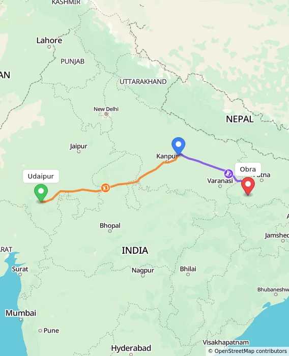Route map showing distance and travel time from Udaipur, India to Obra, India