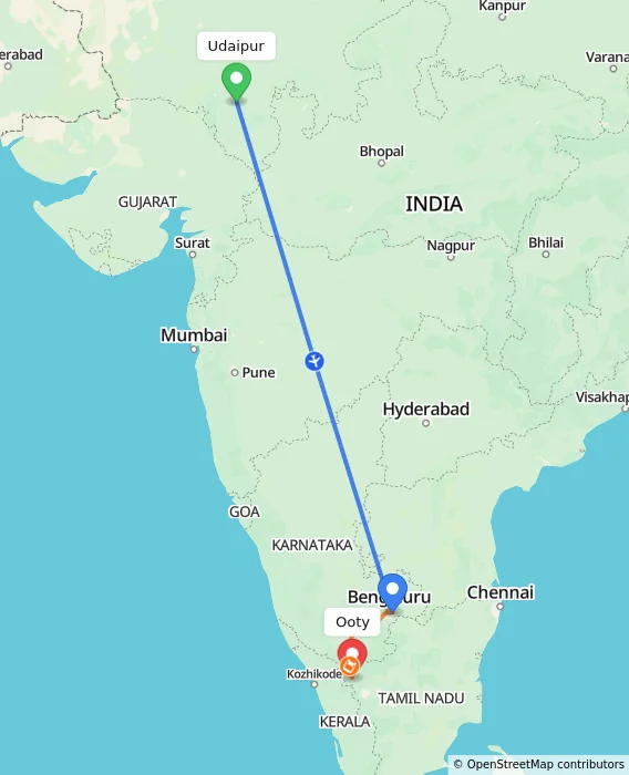 Route map showing distance and travel time from Udaipur, India to Ooty, India