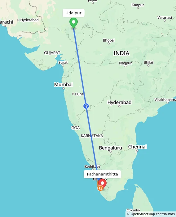 Route map showing distance and travel time from Udaipur, India to Pathanamthitta, India