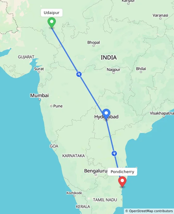 Route map showing distance and travel time from Udaipur, India to Pondicherry, India