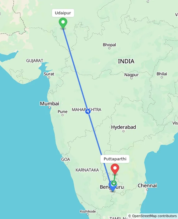Route map showing distance and travel time from Udaipur, India to Puttaparthi, India