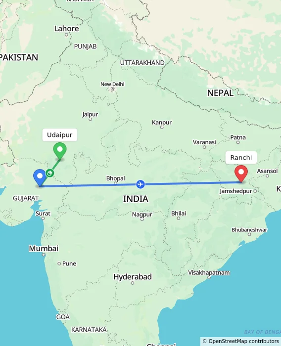 Route map showing distance and travel time from Udaipur, India to Ranchi, India