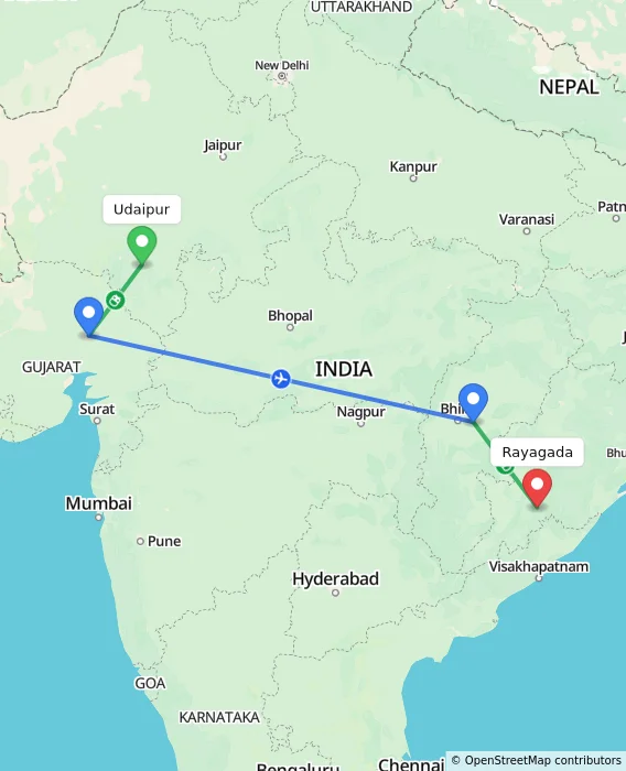 Route map showing distance and travel time from Udaipur, India to Rayagada, India