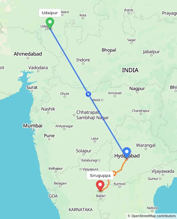 Route map showing distance and travel time from Udaipur, India to Siruguppa, India