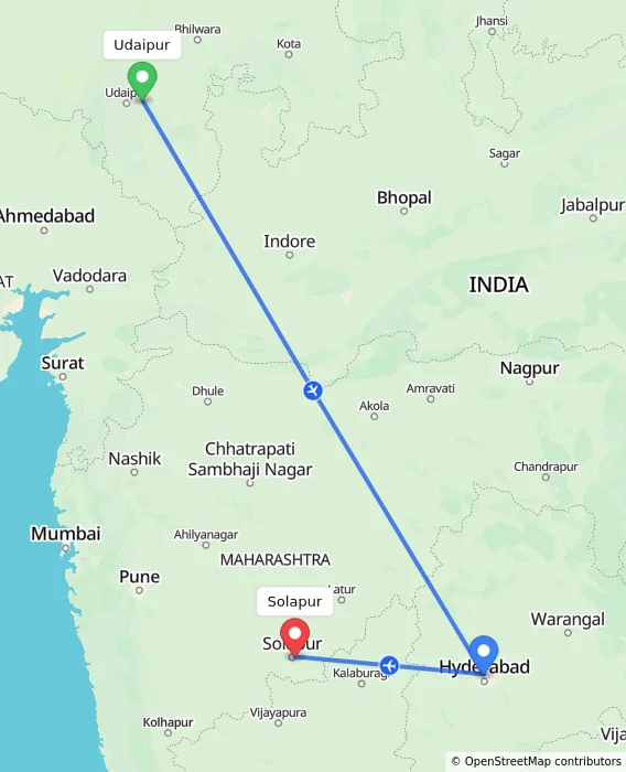 Route map showing distance and travel time from Udaipur, India to Solapur, India