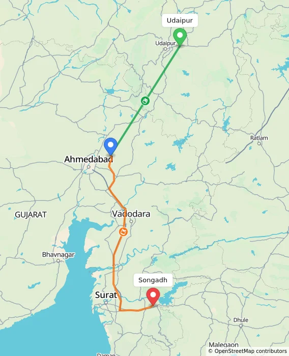 Route map showing distance and travel time from Udaipur, India to Songadh, India