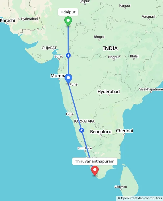 Route map showing distance and travel time from Udaipur, India to Thiruvananthapuram, India