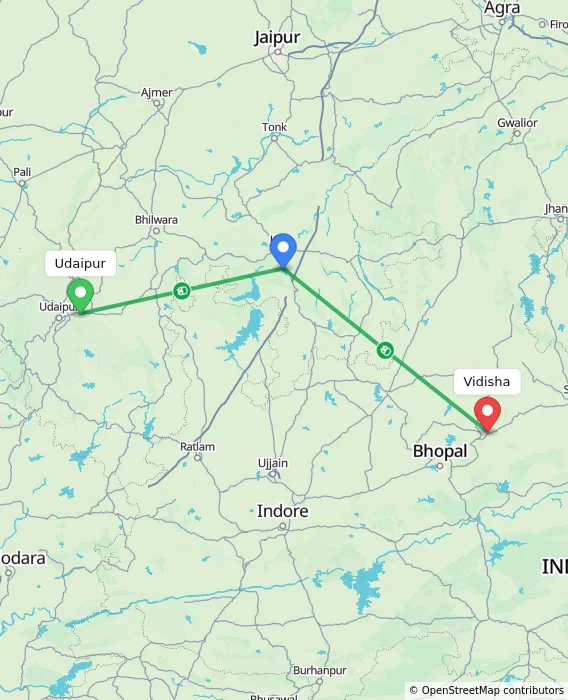 Route map showing distance and travel time from Udaipur, India to Vidisha, India