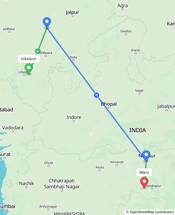 Route map showing distance and travel time from Udaipur, India to Wani, India