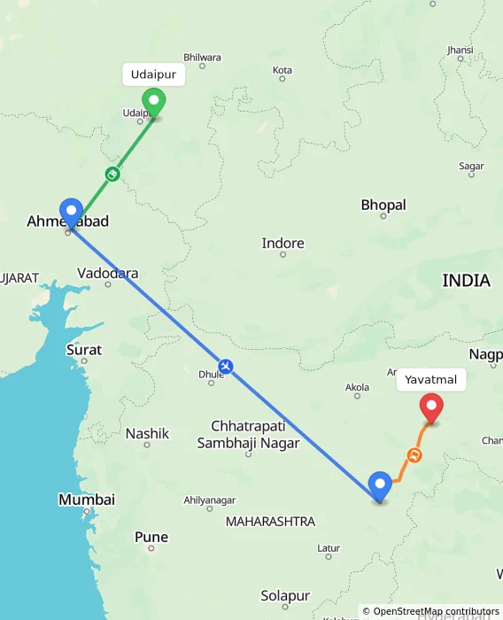 Route map showing distance and travel time from Udaipur, India to Yavatmal, India