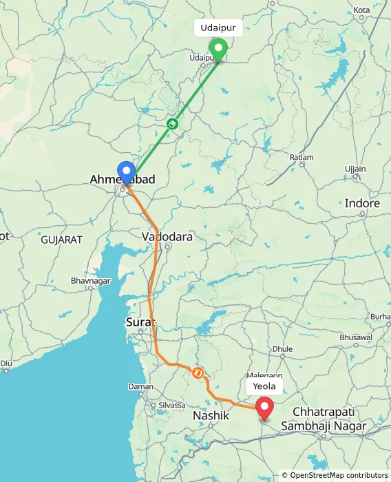 Route map showing distance and travel time from Udaipur, India to Yeola, India