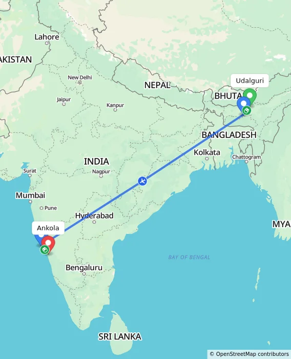 Route map showing distance and travel time from Udalguri, India to Ankola, India