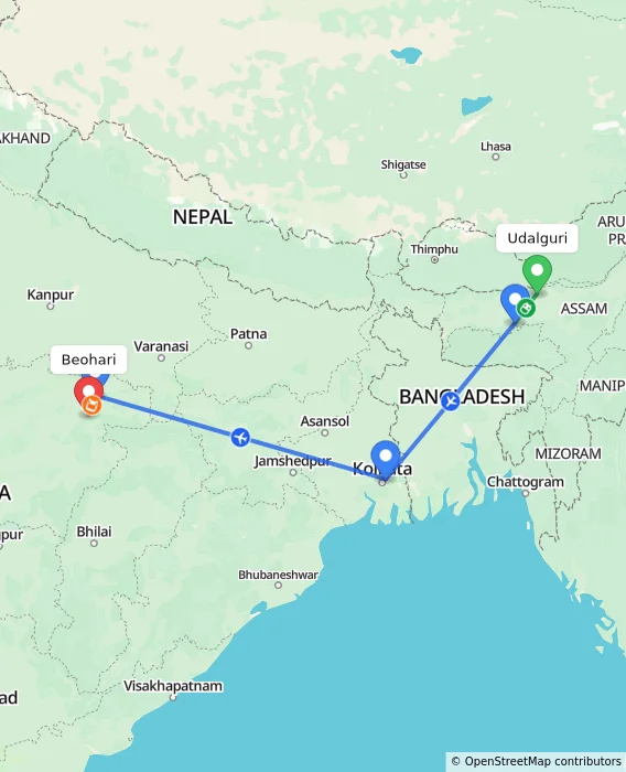 Route map showing distance and travel time from Udalguri, India to Beohari, India