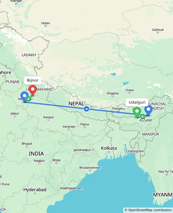Route map showing distance and travel time from Udalguri, India to Bijnor, India