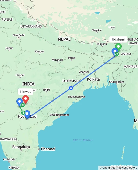 Route map showing distance and travel time from Udalguri, India to Kinwat, India