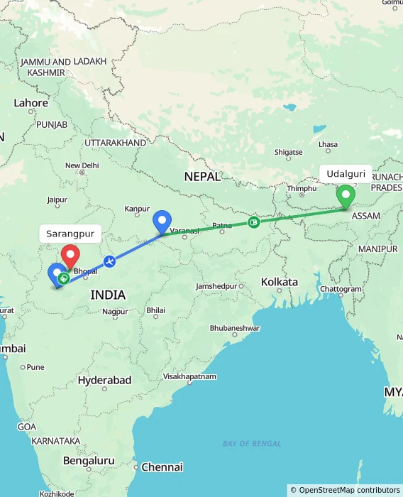 Route map showing distance and travel time from Udalguri, India to Sarangpur, India