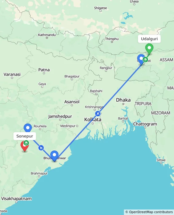 Route map showing distance and travel time from Udalguri, India to Sonepur, India