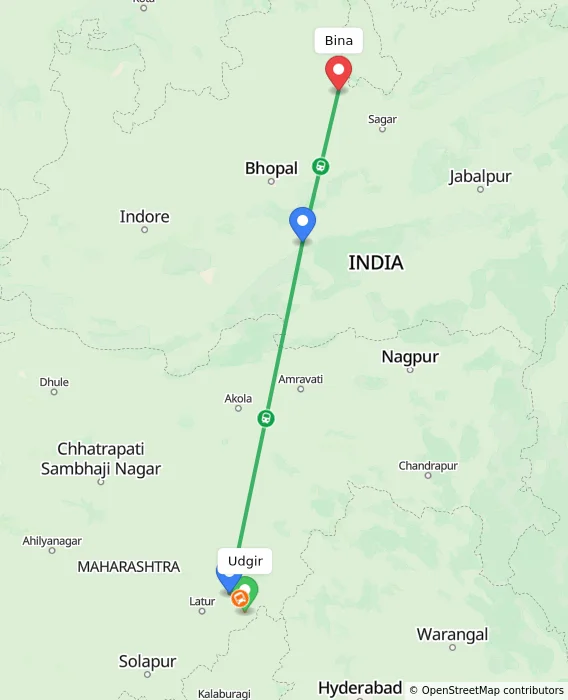 Route map showing distance and travel time from Udgir, India to Bina, India