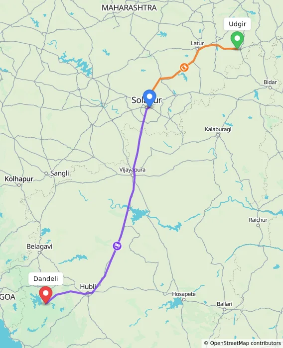 Route map showing distance and travel time from Udgir, India to Dandeli, India