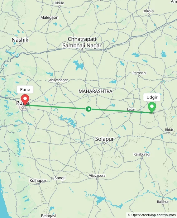 Route map showing distance and travel time from Udgir, India to Pune, India