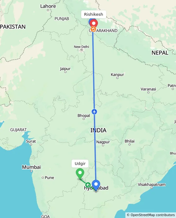 Route map showing distance and travel time from Udgir, India to Rishikesh, India