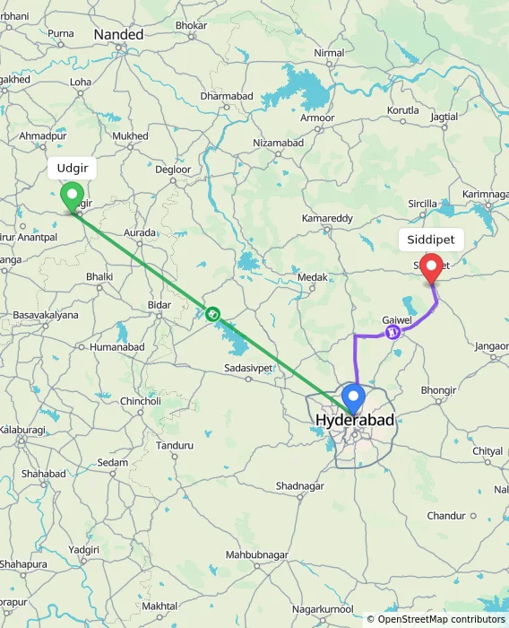 Route map showing distance and travel time from Udgir, India to Siddipet, India