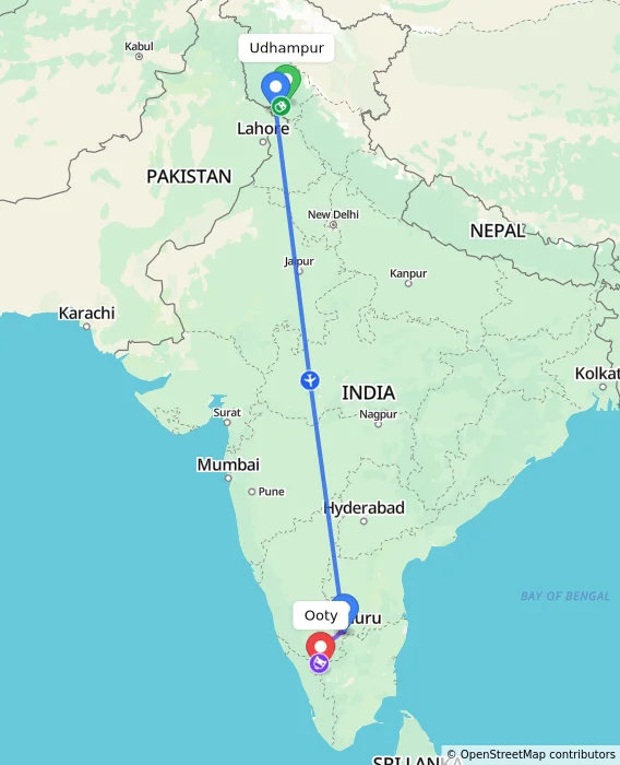 Route map showing distance and travel time from Udhampur, India to Ooty, India